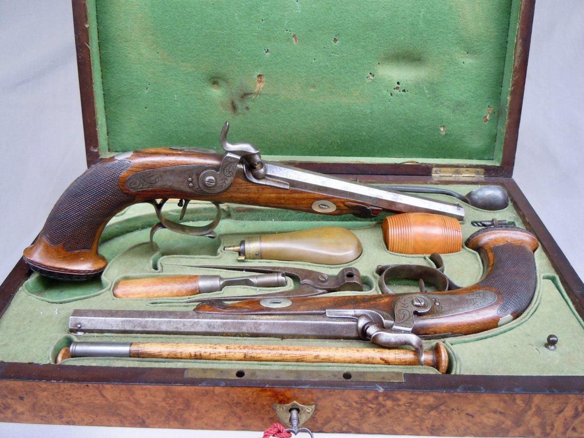 Coffret Cassette N&eacute;cessaire Pistolets De Duel Sign&eacute;s Lassence Rong&eacute; Liege Circa 1840 XIX&egrave;me Louis-Philippe -photo-7