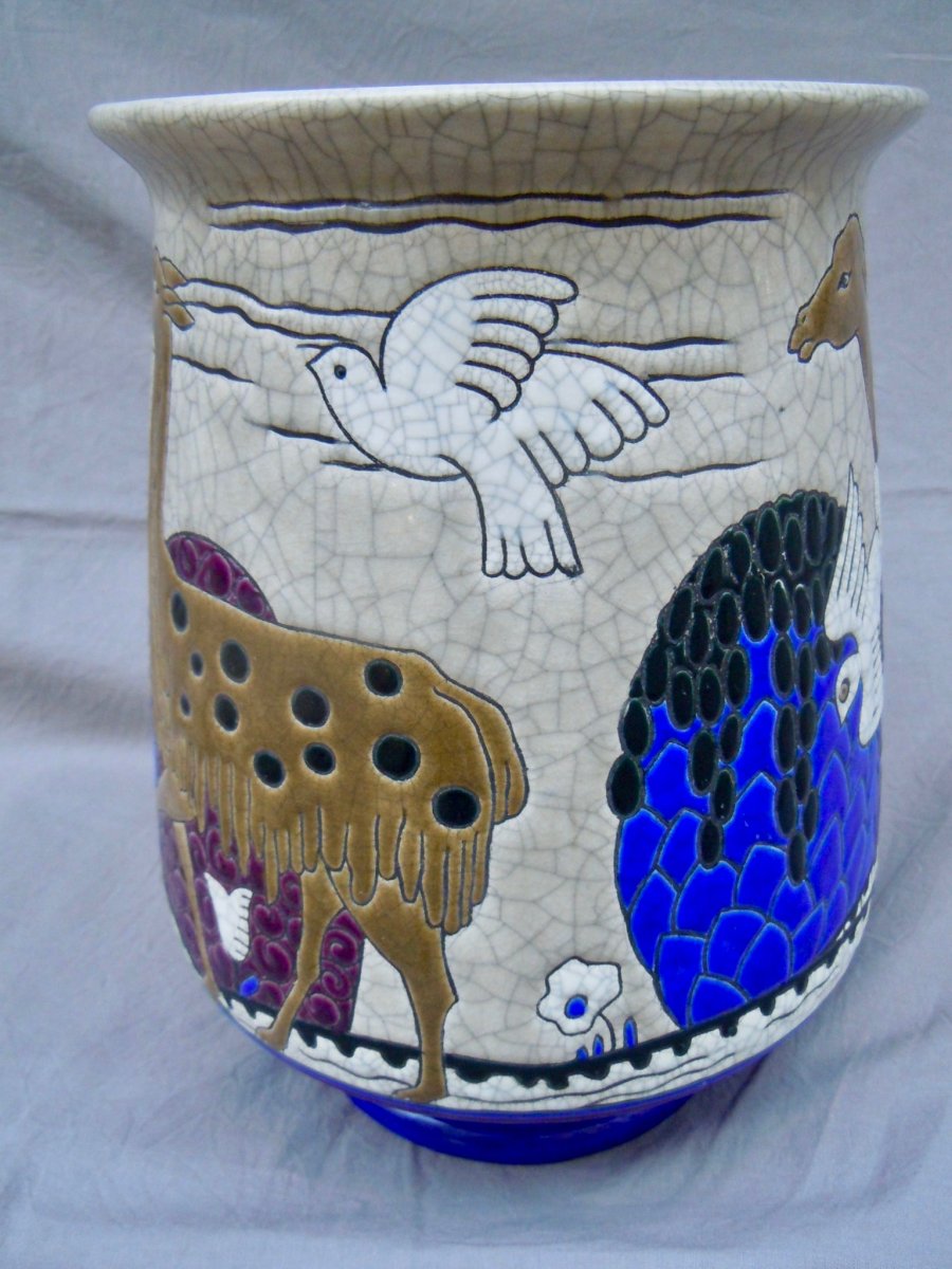 Longwy & Primavera Lama Vase In Enamels Relief Art Deco 1930 Art Deco-photo-4