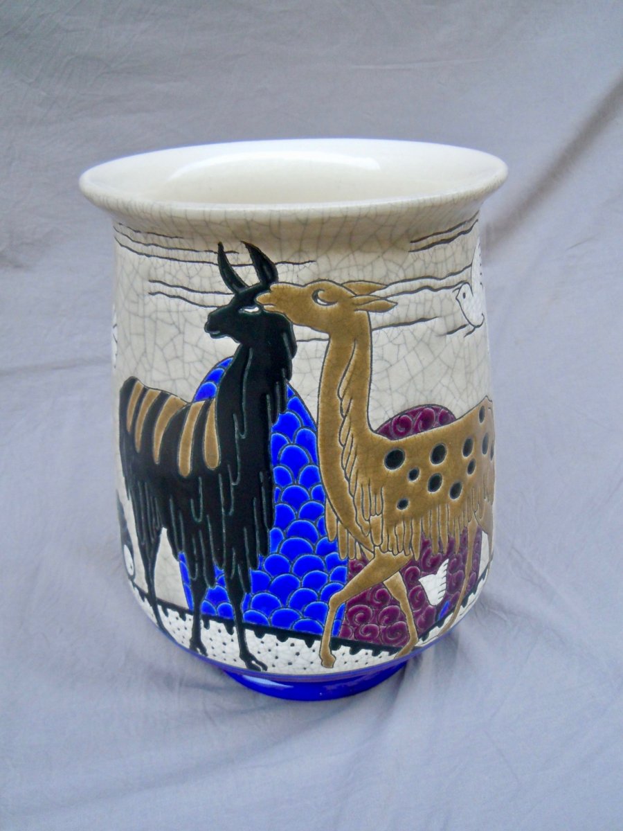 Longwy & Primavera Lama Vase In Enamels Relief Art Deco 1930 Art Deco-photo-5