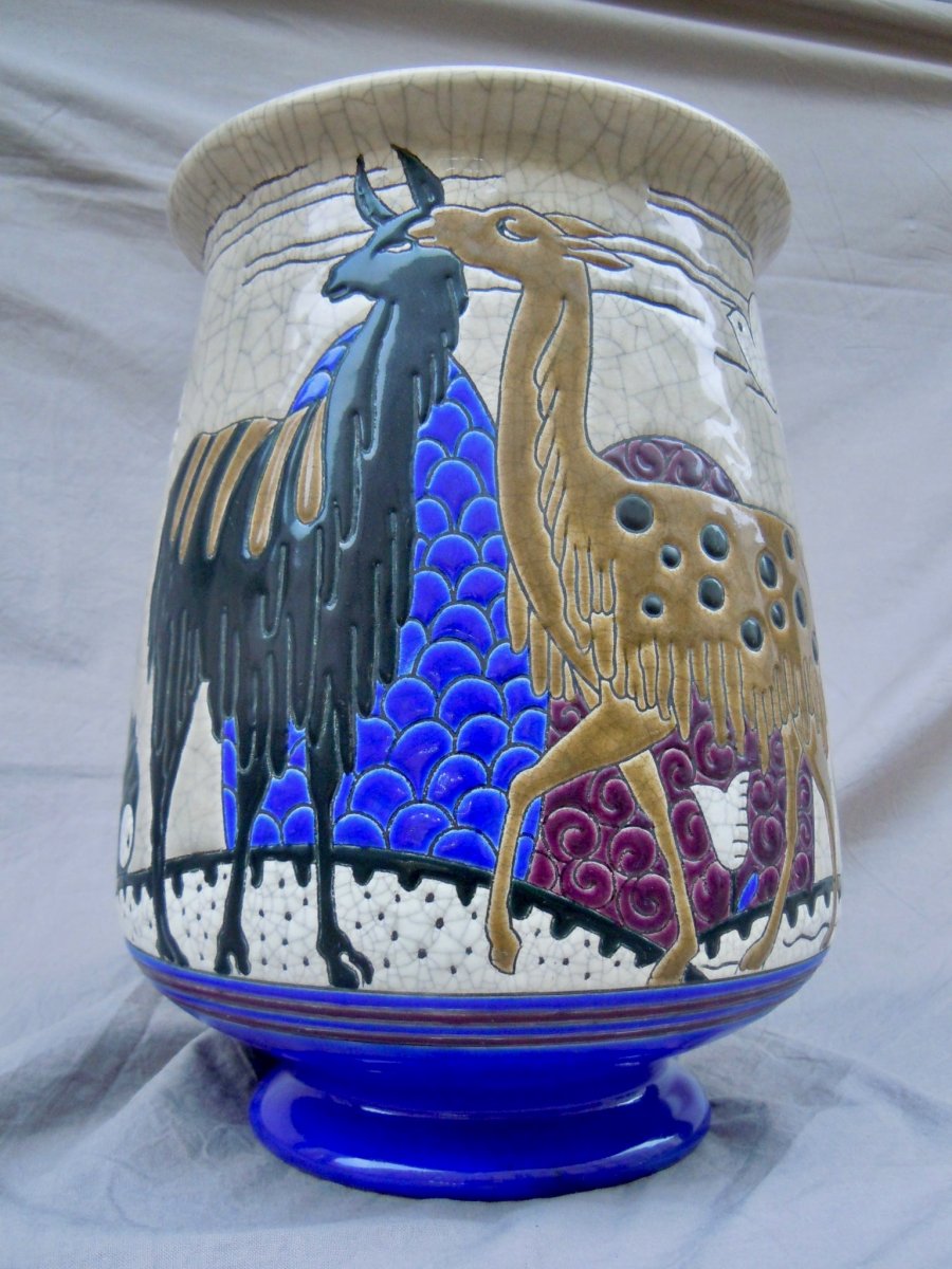 Longwy & Primavera Lama Vase In Enamels Relief Art Deco 1930 Art Deco