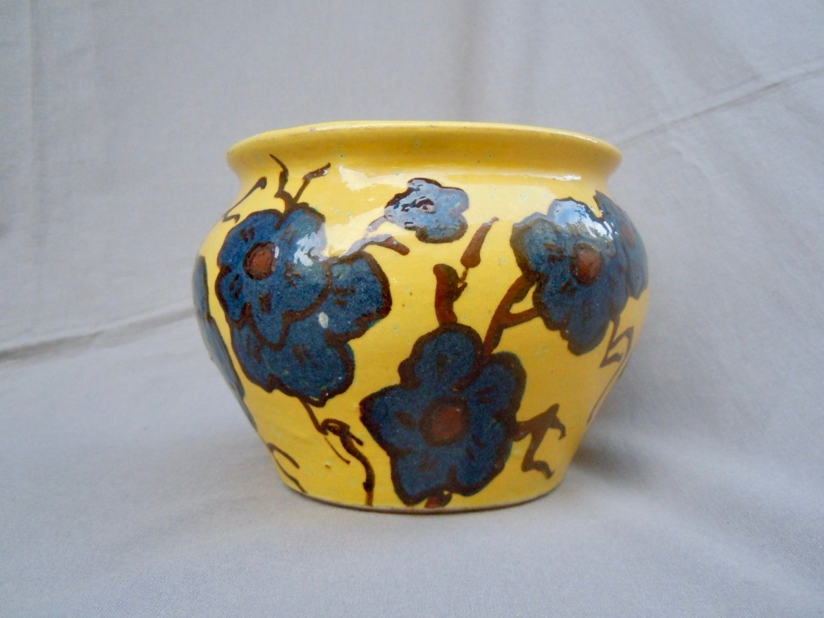 Émile Simonod (1893 - 1977) Vase Savoyard Savoie Art Déco SISPA Terre Cuite Vernissée Sur Fond Jaune décor de Fleurs 1930-photo-2