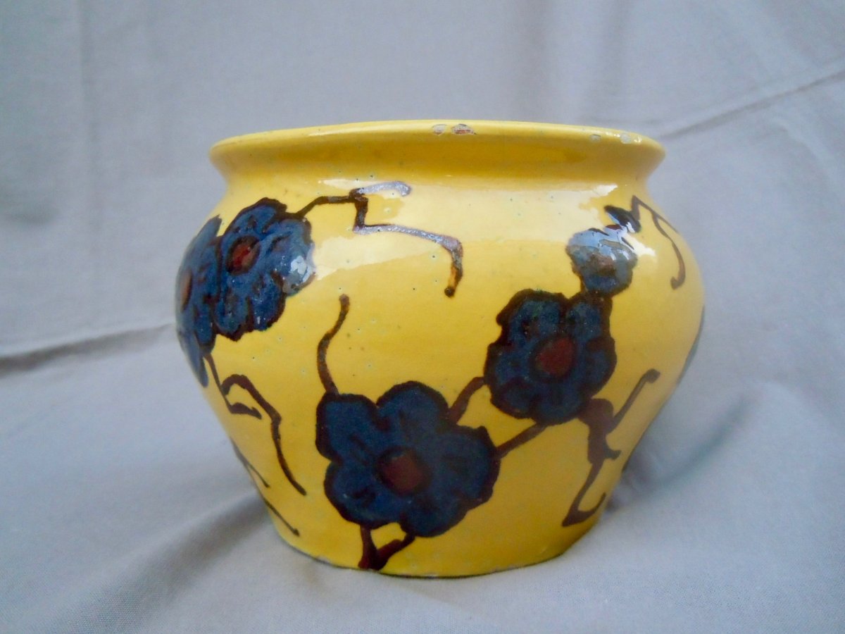Émile Simonod (1893 - 1977) Vase Art Deco Glazed Terra Cotta On Yellow Background Flower Decor-photo-4