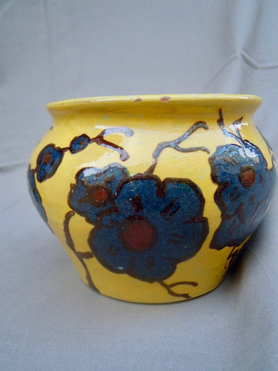 Émile Simonod (1893 - 1977) Vase Art Deco Glazed Terra Cotta On Yellow Background Flower Decor-photo-2