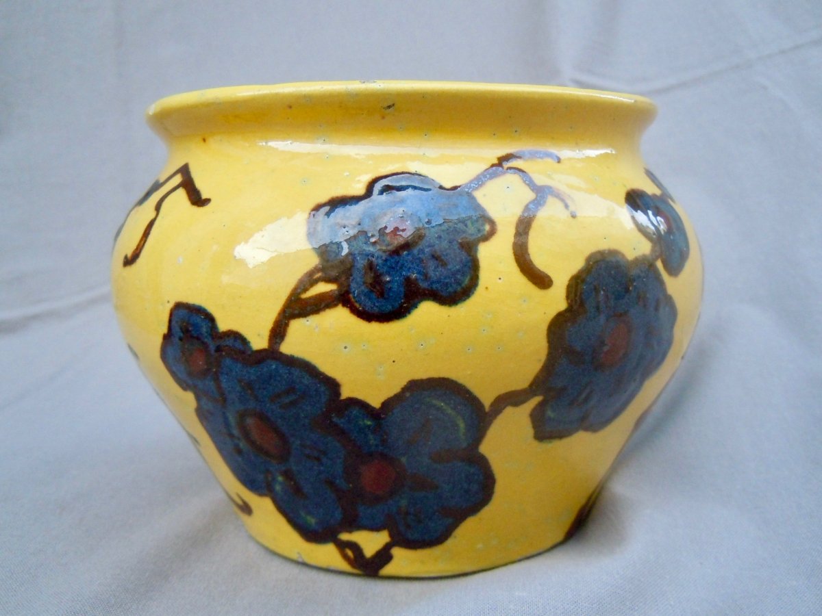 Émile Simonod (1893 - 1977) Vase Savoyard Savoie Art Déco SISPA Terre Cuite Vernissée Sur Fond Jaune décor de Fleurs 1930