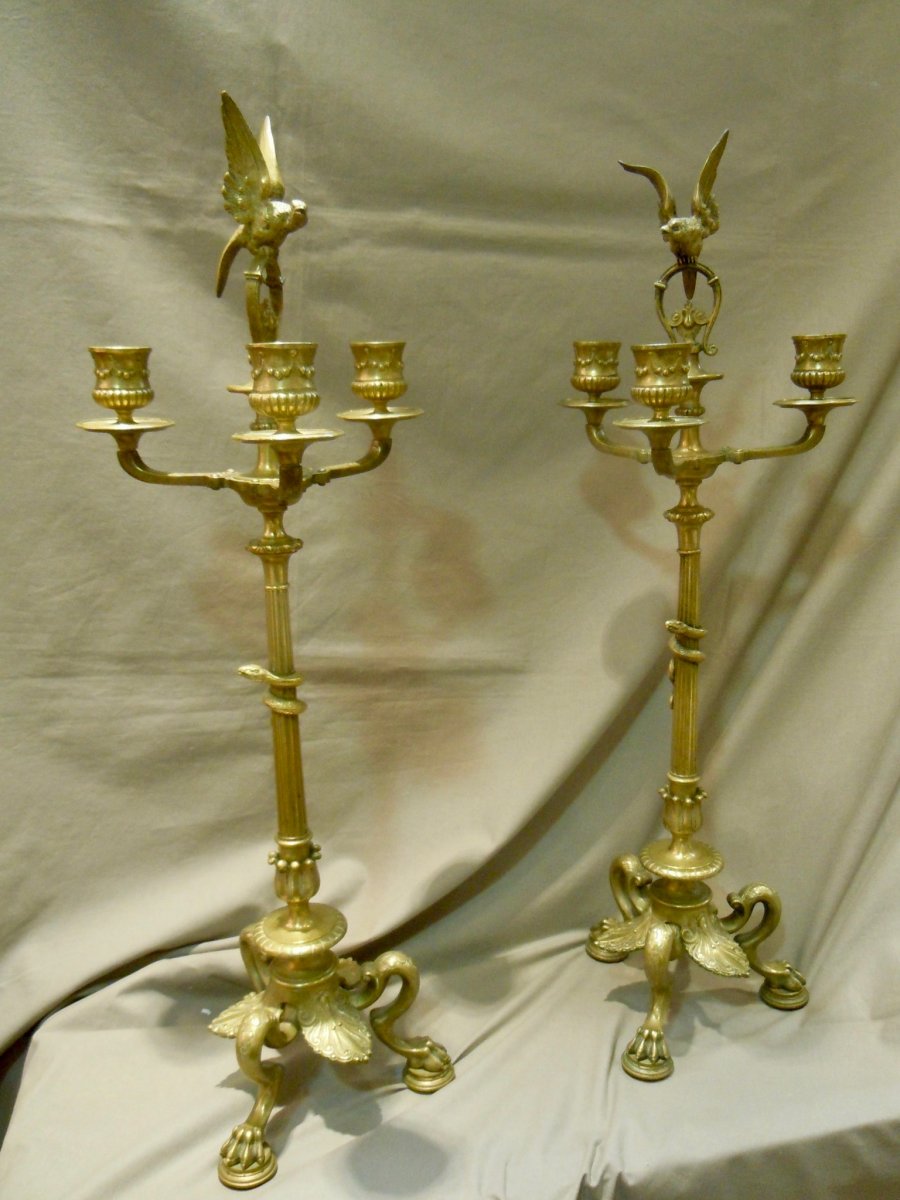 Paire de Candélabres Chandeliers  Bronze Modèle Étrusque d'après  Barye et Barbedienne Brame fondeurs XIXème 19ème 