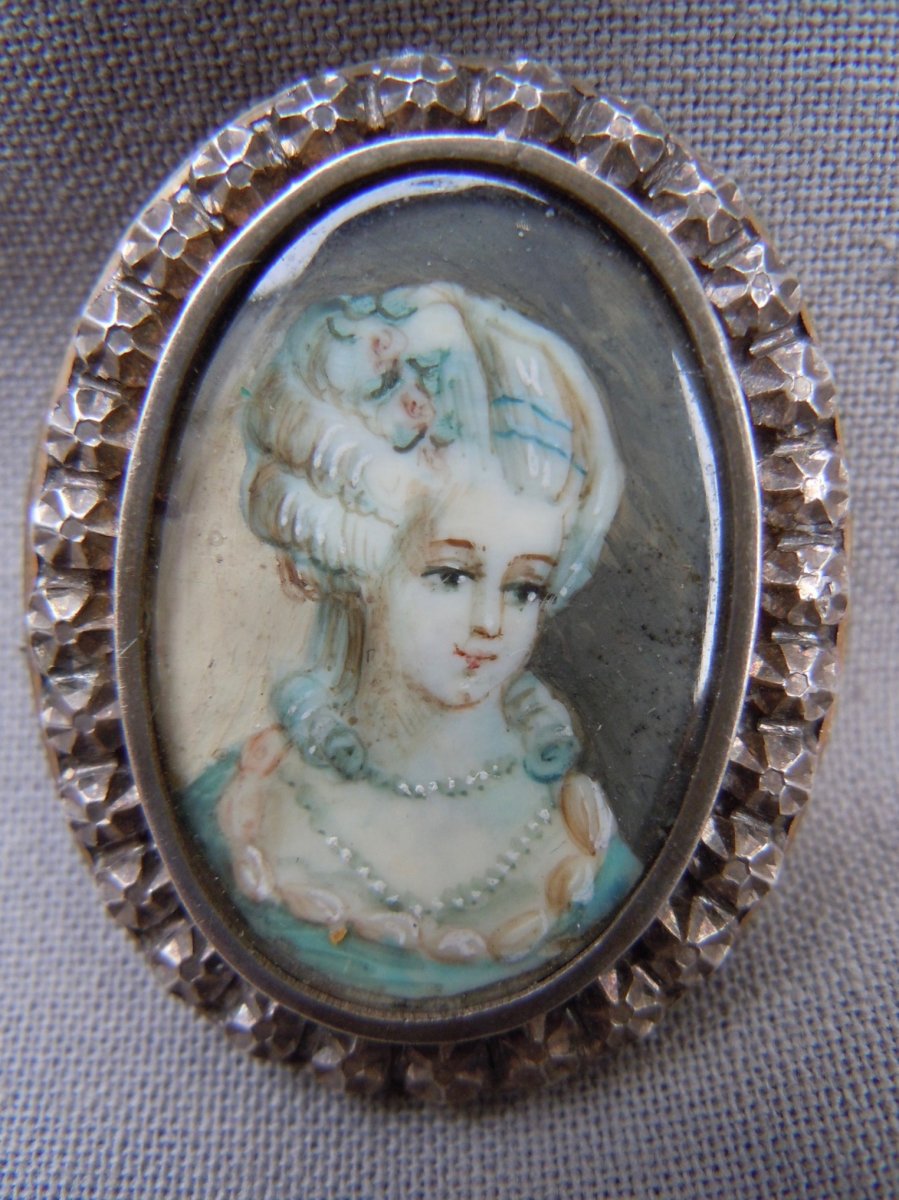 Broche Argent 19ème Ornée d'Une Miniature Portrait Femme XIXème -photo-1