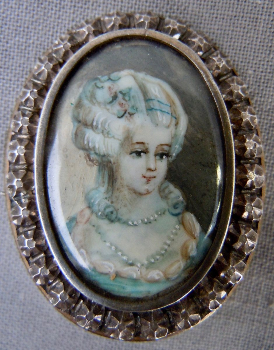 Broche Argent 19ème Ornée d'Une Miniature Portrait Femme XIXème 