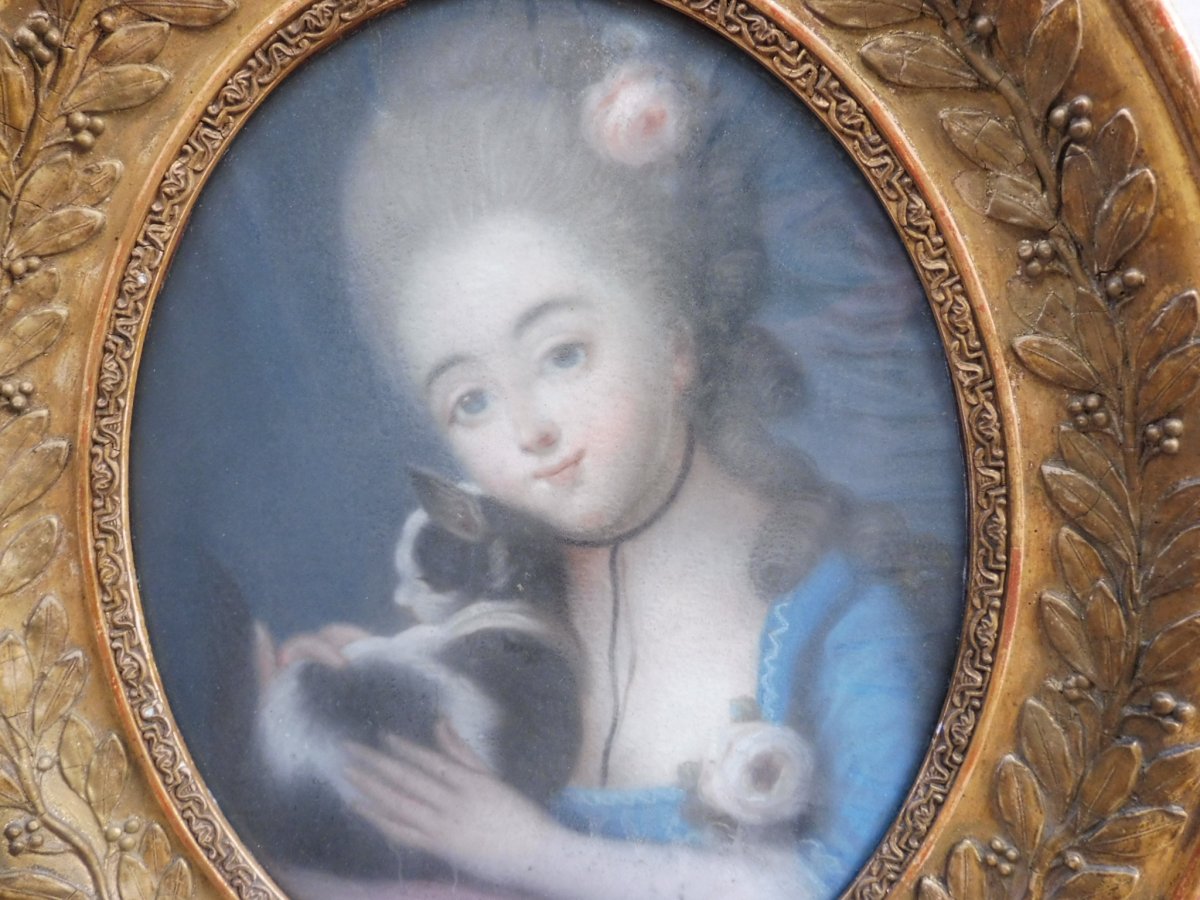 Portrait &Eacute;cole Fran&ccedil;aise Du XVIII&egrave;me Si&egrave;cle Suiveur Vig&eacute;e-Lebrun Jeune Fille Au Chat Pastel ovale &Eacute;poque Louis XVI -photo-2