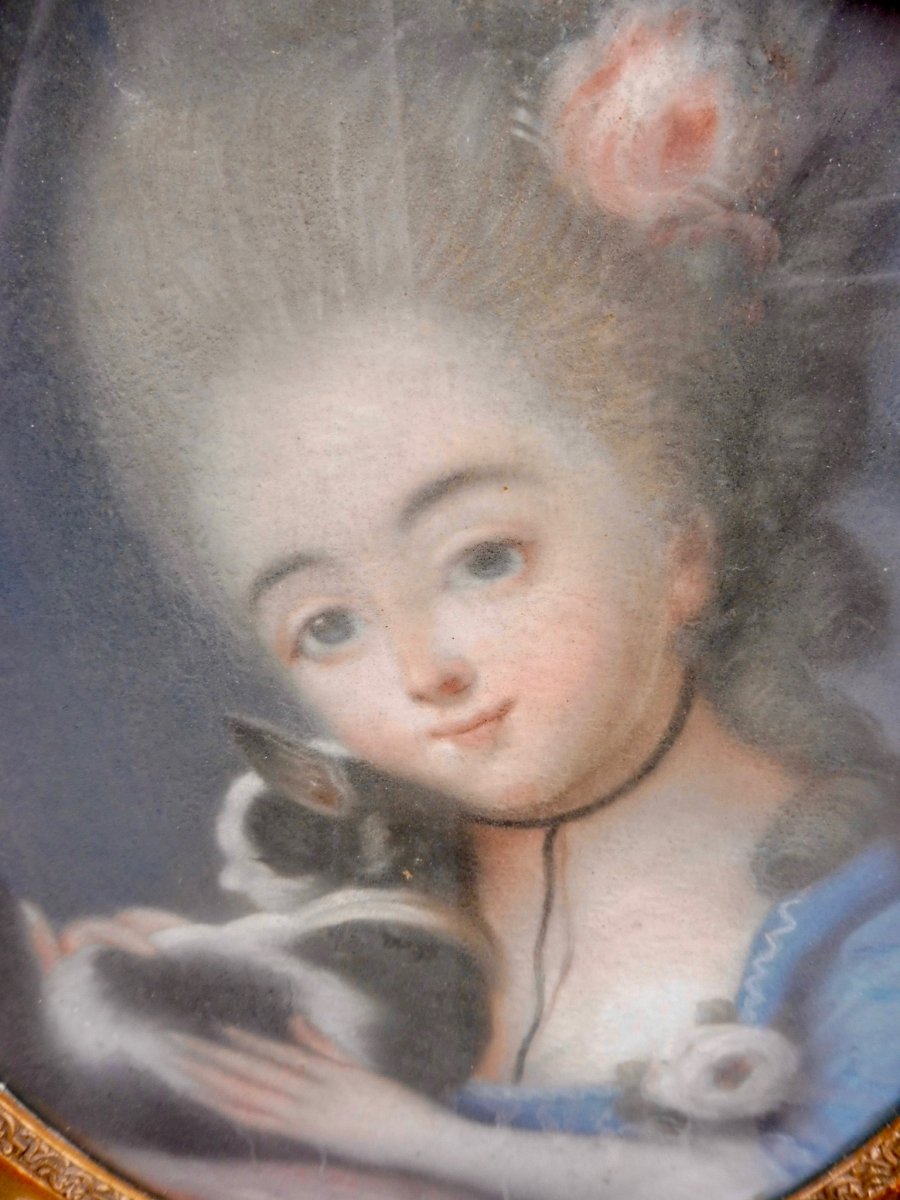 Portrait &Eacute;cole Fran&ccedil;aise Du XVIII&egrave;me Si&egrave;cle Suiveur Vig&eacute;e-Lebrun Jeune Fille Au Chat Pastel ovale &Eacute;poque Louis XVI -photo-3