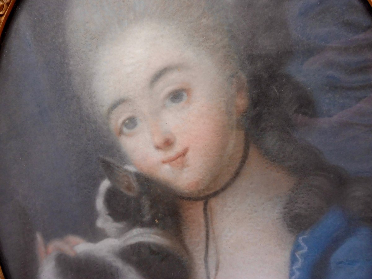 Portrait &Eacute;cole Fran&ccedil;aise Du XVIII&egrave;me Si&egrave;cle Suiveur Vig&eacute;e-Lebrun Jeune Fille Au Chat Pastel ovale &Eacute;poque Louis XVI -photo-2