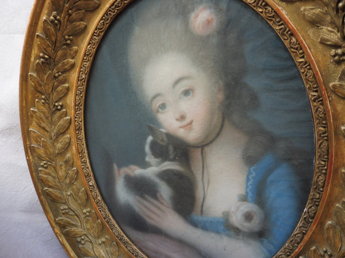 Portrait &Eacute;cole Fran&ccedil;aise Du XVIII&egrave;me Si&egrave;cle Suiveur Vig&eacute;e-Lebrun Jeune Fille Au Chat Pastel ovale &Eacute;poque Louis XVI -photo-6