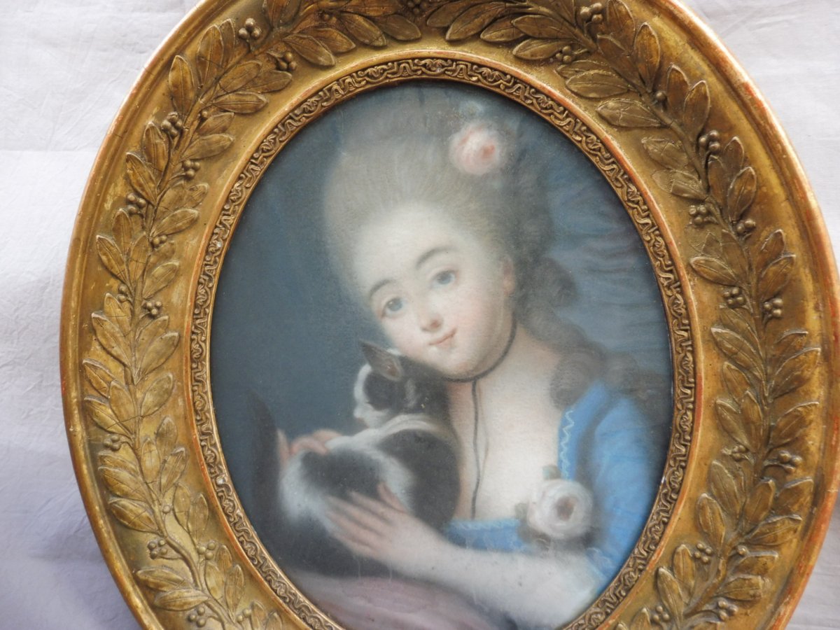Portrait &Eacute;cole Fran&ccedil;aise Du XVIII&egrave;me Si&egrave;cle Suiveur Vig&eacute;e-Lebrun Jeune Fille Au Chat Pastel ovale &Eacute;poque Louis XVI -photo-7