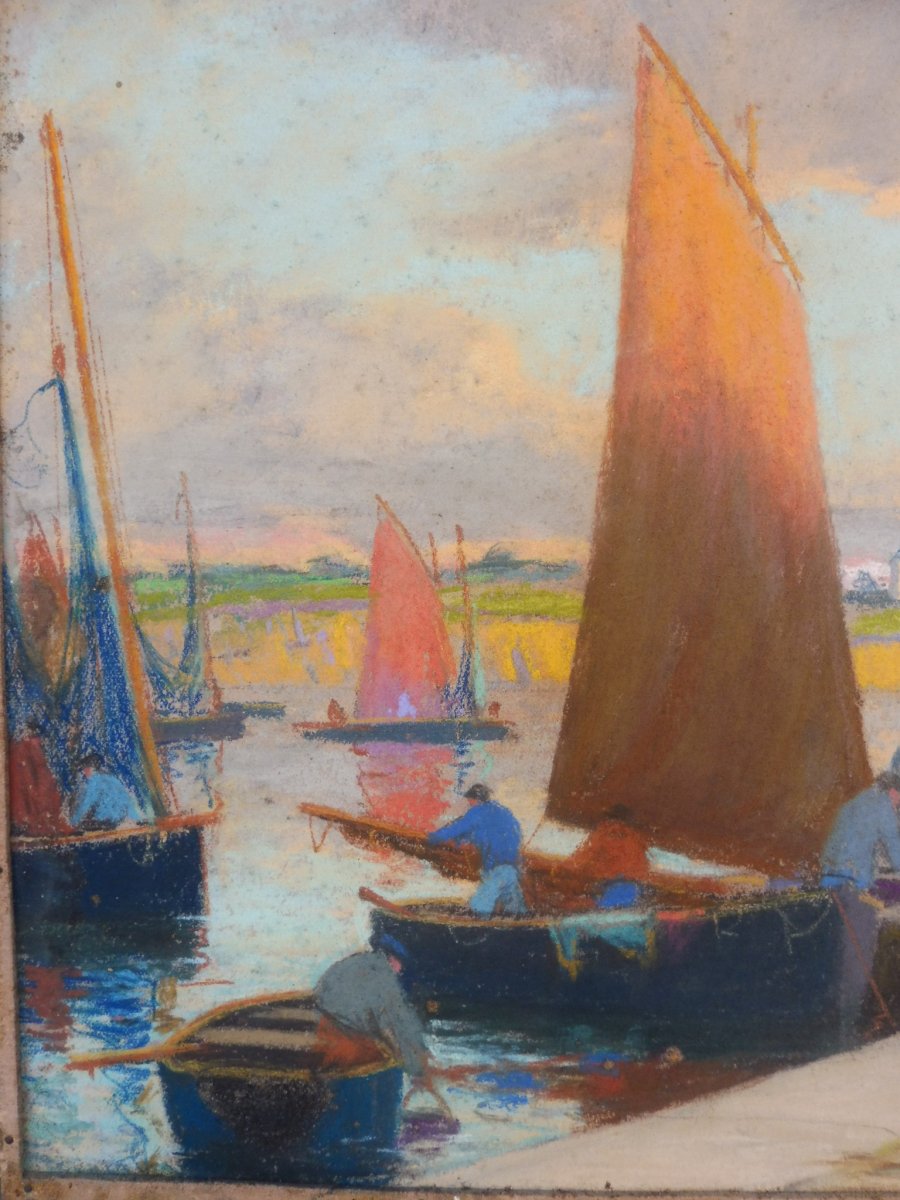 Mathurin Janssaud 1857-1940 Pastel Back From Fishing In Brittany Port Concarneau Marine 24x35cm-photo-2