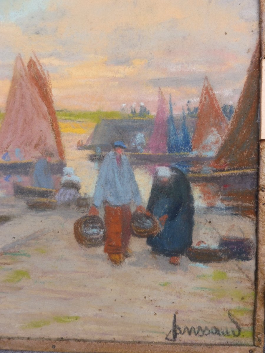 Mathurin Janssaud 1857-1940 Pastel Back From Fishing In Brittany Port Concarneau Marine 24x35cm-photo-3