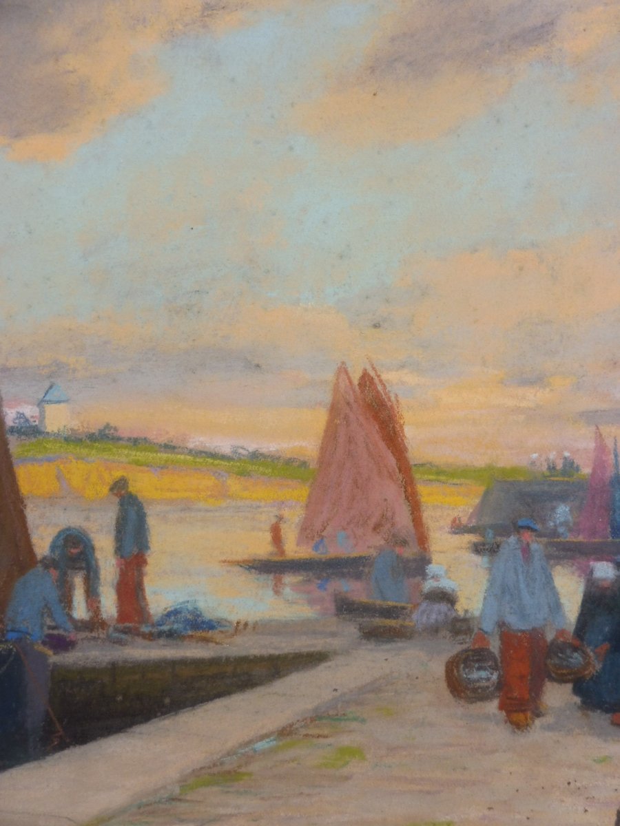 Mathurin Janssaud 1857-1940 Pastel Back From Fishing In Brittany Port Concarneau Marine 24x35cm-photo-2