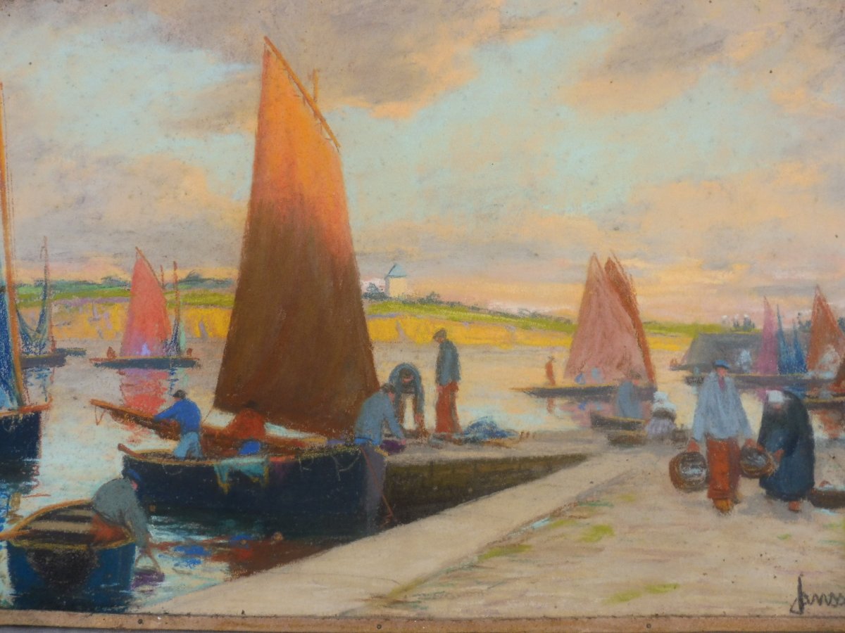 Mathurin Janssaud 1857-1940 Pastel Back From Fishing In Brittany Port Concarneau Marine 24x35cm-photo-3