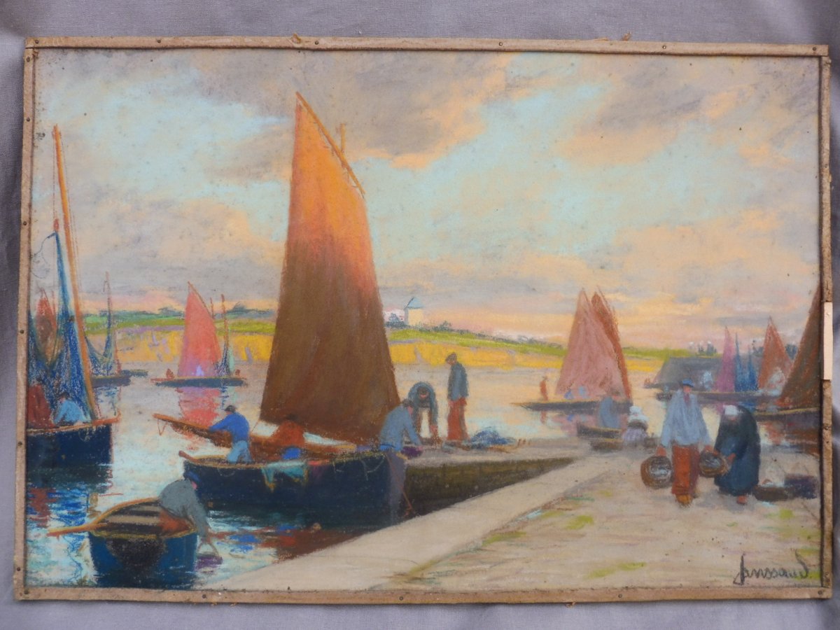 Mathurin Janssaud 1857-1940 Pastel Back From Fishing In Brittany Port Concarneau Marine 24x35cm-photo-5