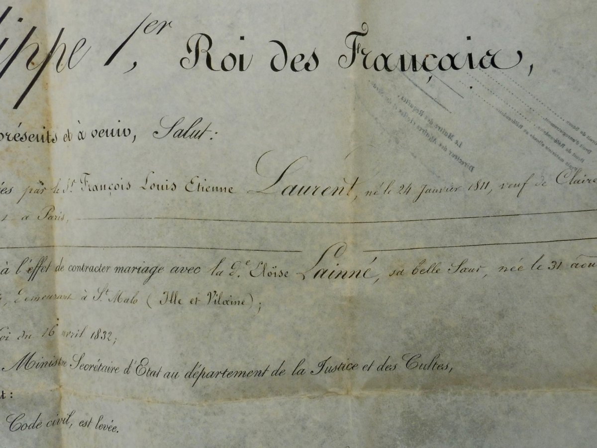 Louis-Philippe 1er Roi des Français Brevet Dispenses Dispense d'Alliance pour mariage de François Laurent et Éloïse Lainné ou Lainé 1847 Monarchie de Juillet -photo-4