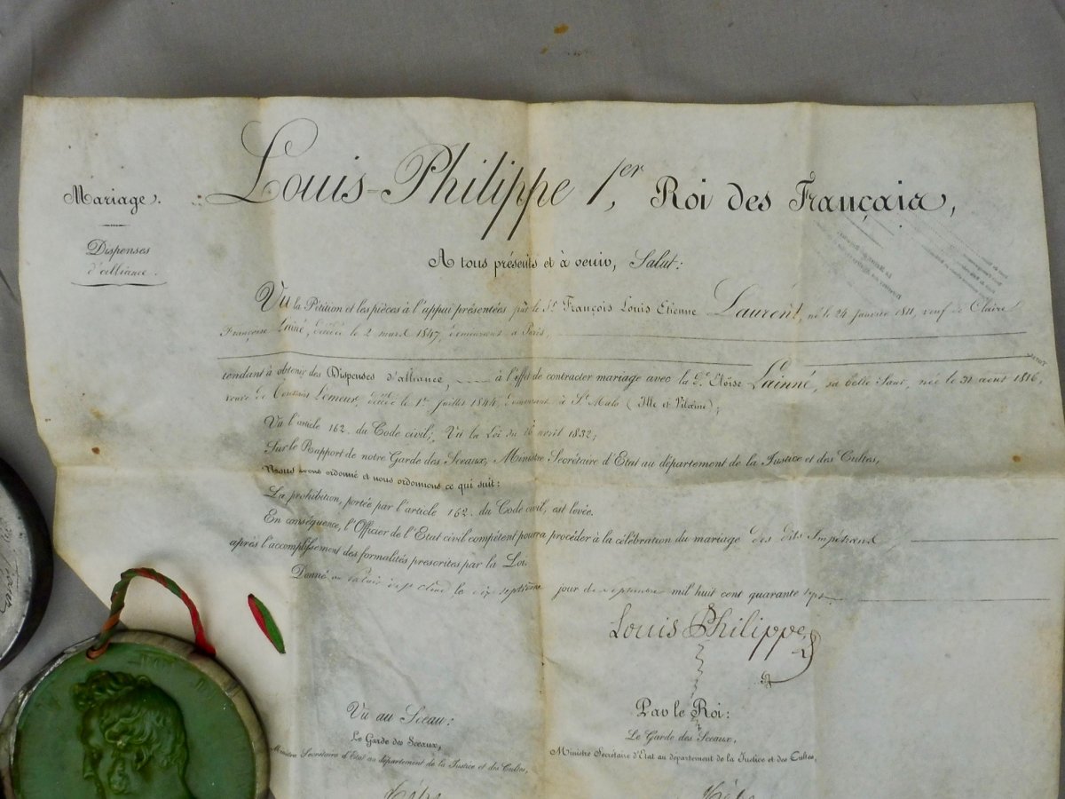 Louis-Philippe 1er Roi des Français Brevet Dispenses Dispense d'Alliance pour mariage de François Laurent et Éloïse Lainné ou Lainé 1847 Monarchie de Juillet -photo-5