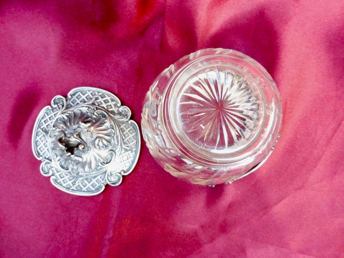 Gallia Christofle Sugar Bowl Silver Metal And Baccarat Cut Crystal Rocaille Style Louis XV 12,5  Cm  XXème -photo-4