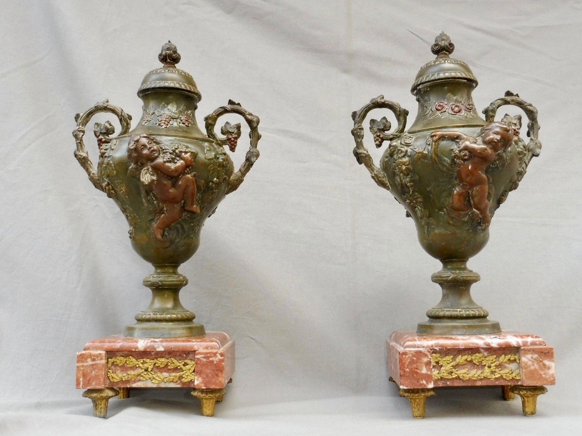 Pair Of Louis XVI Style Cassolettes In Regulates With Polychrome Patina Putti Angels Cherubs Angelo-photo-4