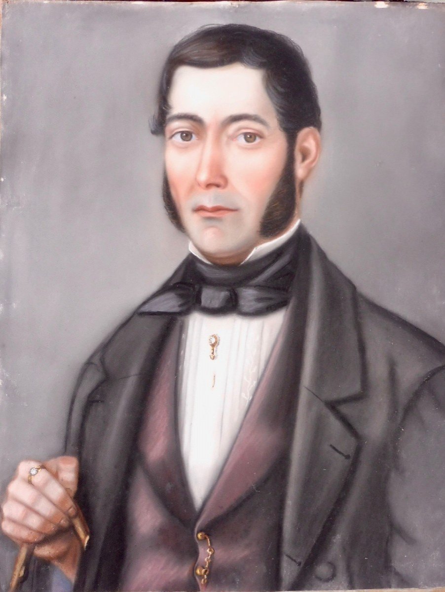 &Eacute;cole Fran&ccedil;aise XIX&egrave;me &Eacute;poque Louis-Philippe Restauration 1830-1848 Pastel Portrait Homme Dandy Tenant Sa Canne 19&egrave;me -photo-2