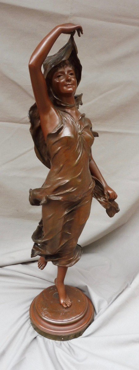 Nicolas Mayer 1852-1929 Sculpture Art Nouveau Bronze Jeune Femme drapée " l' Aurore " Signée cachet Fonderie Société Des Bronzes de Paris XIXème 19ème 64 cm -photo-1