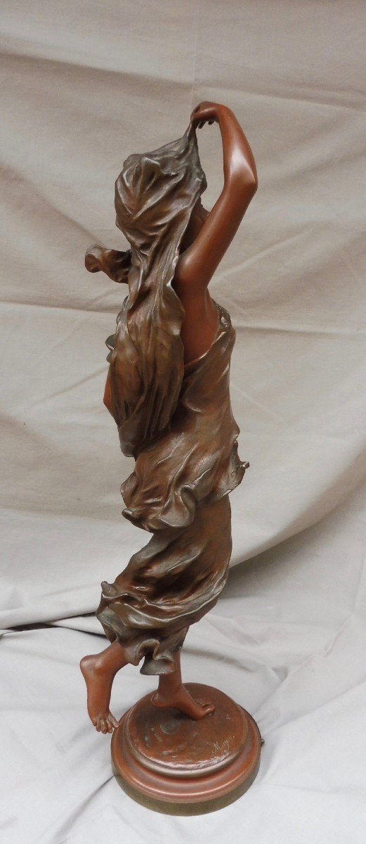 Nicolas Mayer 1852-1929 Sculpture Art Nouveau Bronze Jeune Femme drapée " l' Aurore " Signée cachet Fonderie Société Des Bronzes de Paris XIXème 19ème 64 cm -photo-2