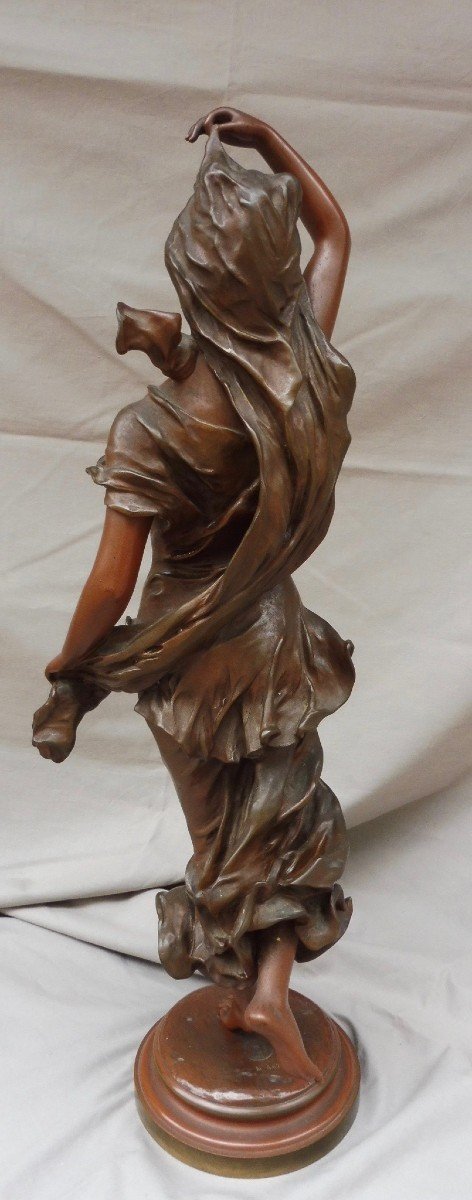 Nicolas Mayer 1852-1929 Sculpture Art Nouveau Bronze Jeune Femme drapée " l' Aurore " Signée cachet Fonderie Société Des Bronzes de Paris XIXème 19ème 64 cm -photo-3