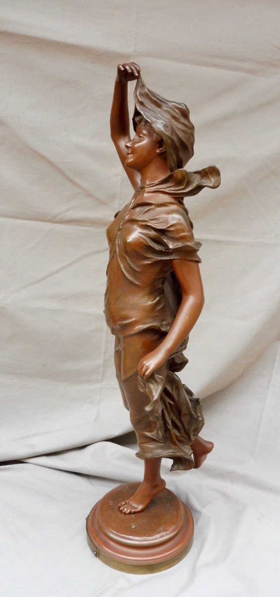 Nicolas Mayer 1852-1929 Sculpture Art Nouveau Bronze Jeune Femme drapée " l' Aurore " Signée cachet Fonderie Société Des Bronzes de Paris XIXème 19ème 64 cm -photo-4