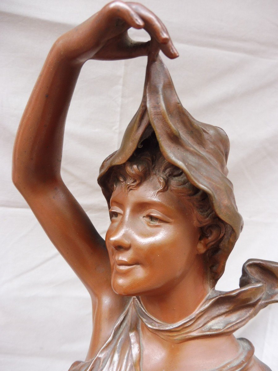 Nicolas Mayer 1852-1929 Sculpture Art Nouveau Bronze Jeune Femme drapée " l' Aurore " Signée cachet Fonderie Société Des Bronzes de Paris XIXème 19ème 64 cm -photo-7