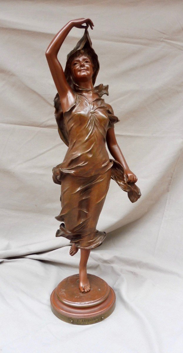 Nicolas Mayer 1852-1929 Sculpture Art Nouveau Bronze Jeune Femme drapée " l' Aurore " Signée cachet Fonderie Société Des Bronzes de Paris XIXème 19ème 64 cm 