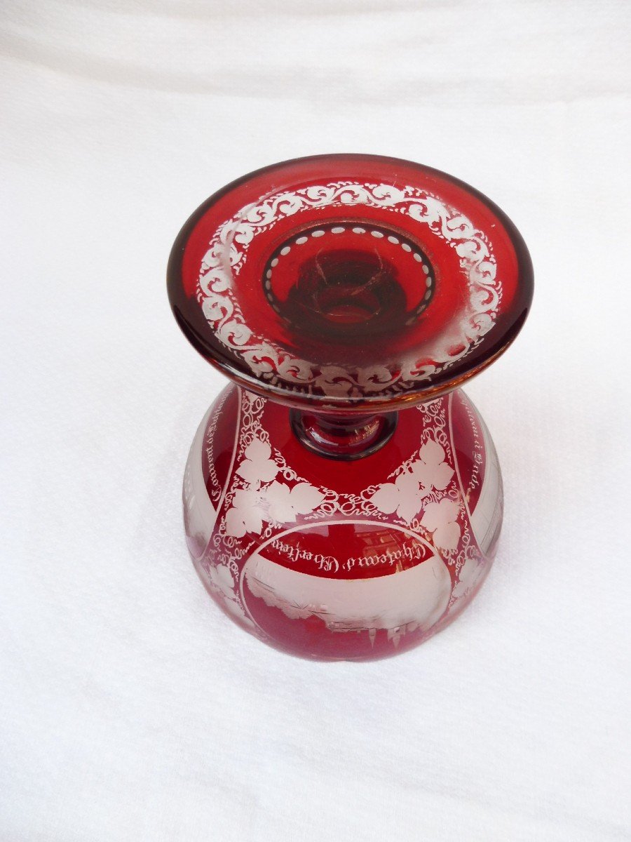 Baguier Cup On Pedestal In Red Bohemian Crystal Engraved XIXth Decorated With Castles 14.5 Cm-photo-3