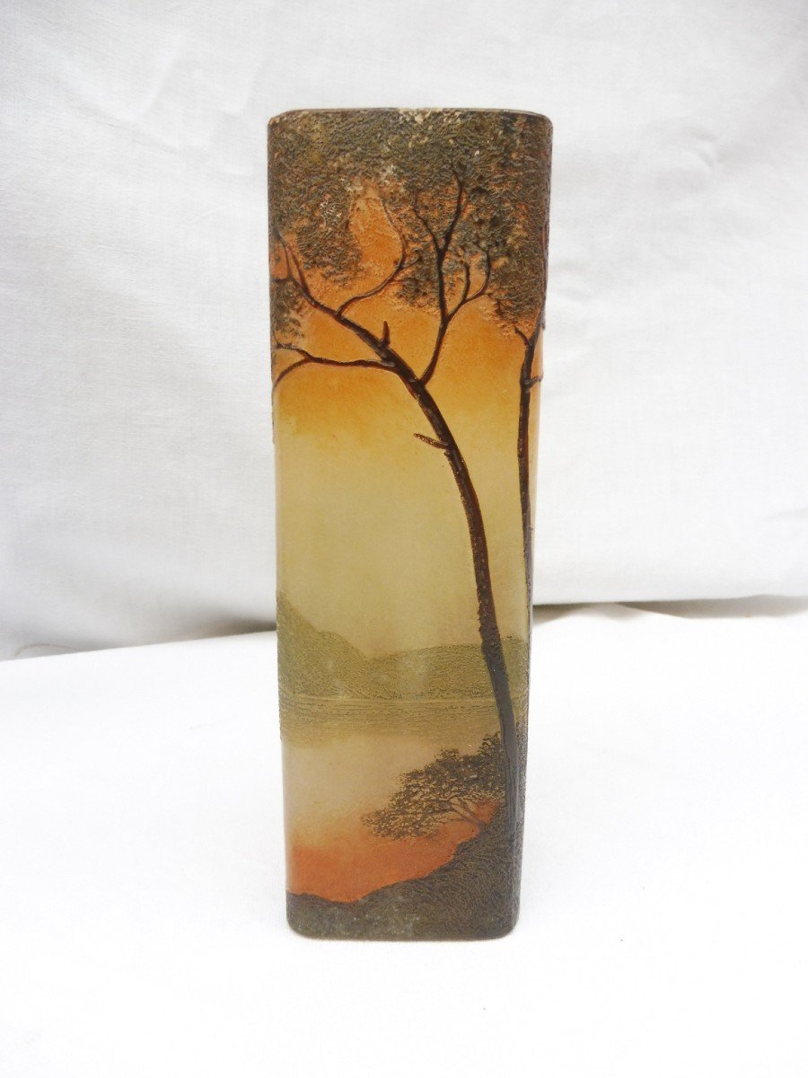 Legras Théodore Verrier Vase Marasquin Art Nouveau dégagé à l'Acide Paysage Lacustre Vosges Vosgien Pâte De Verre 17 cm  référencé au catalogue raisonné -photo-4