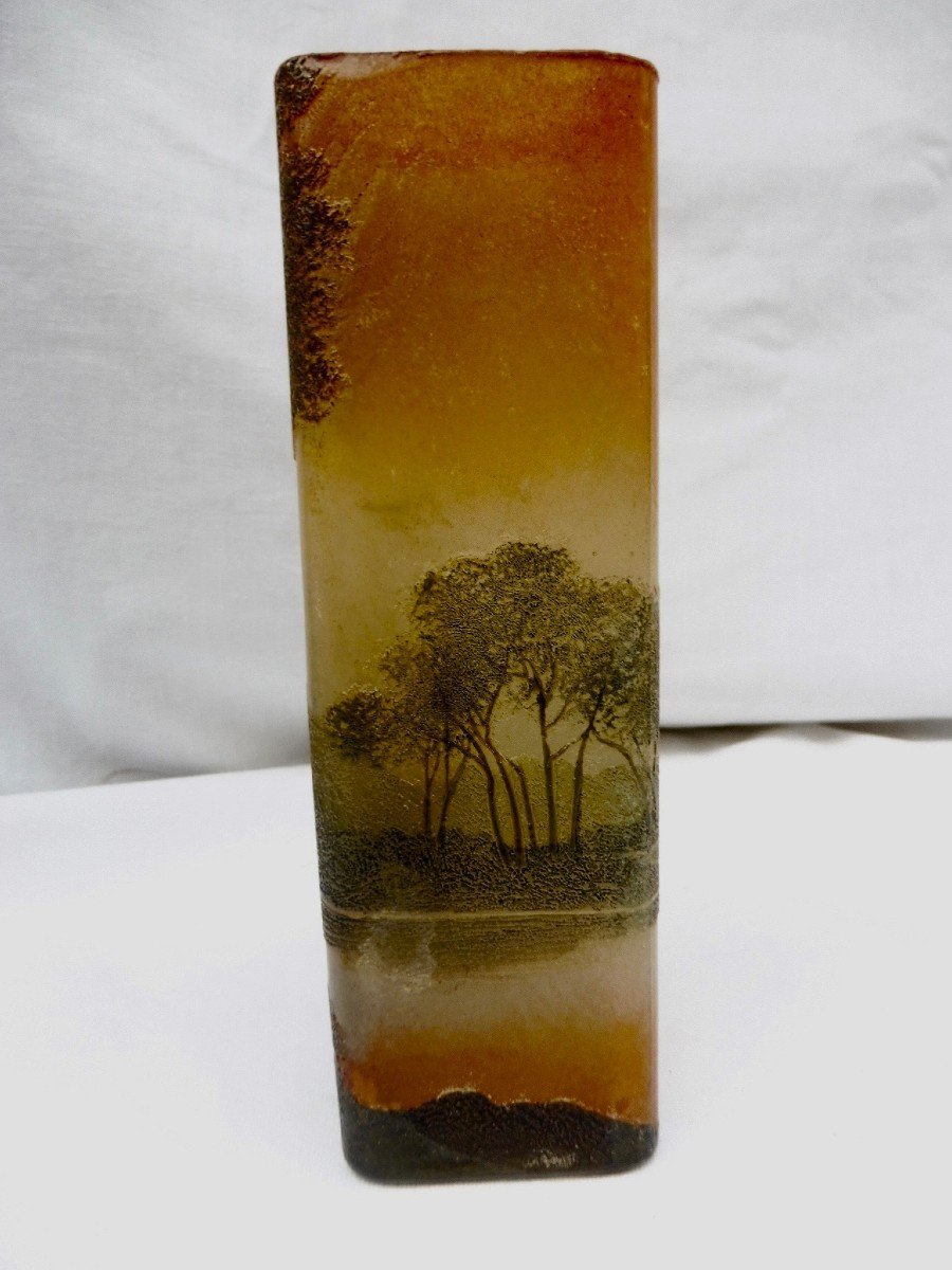 Legras Théodore Verrier Vase Marasquin Art Nouveau dégagé à l'Acide Paysage Lacustre Vosges Vosgien Pâte De Verre 17 cm  référencé au catalogue raisonné -photo-6