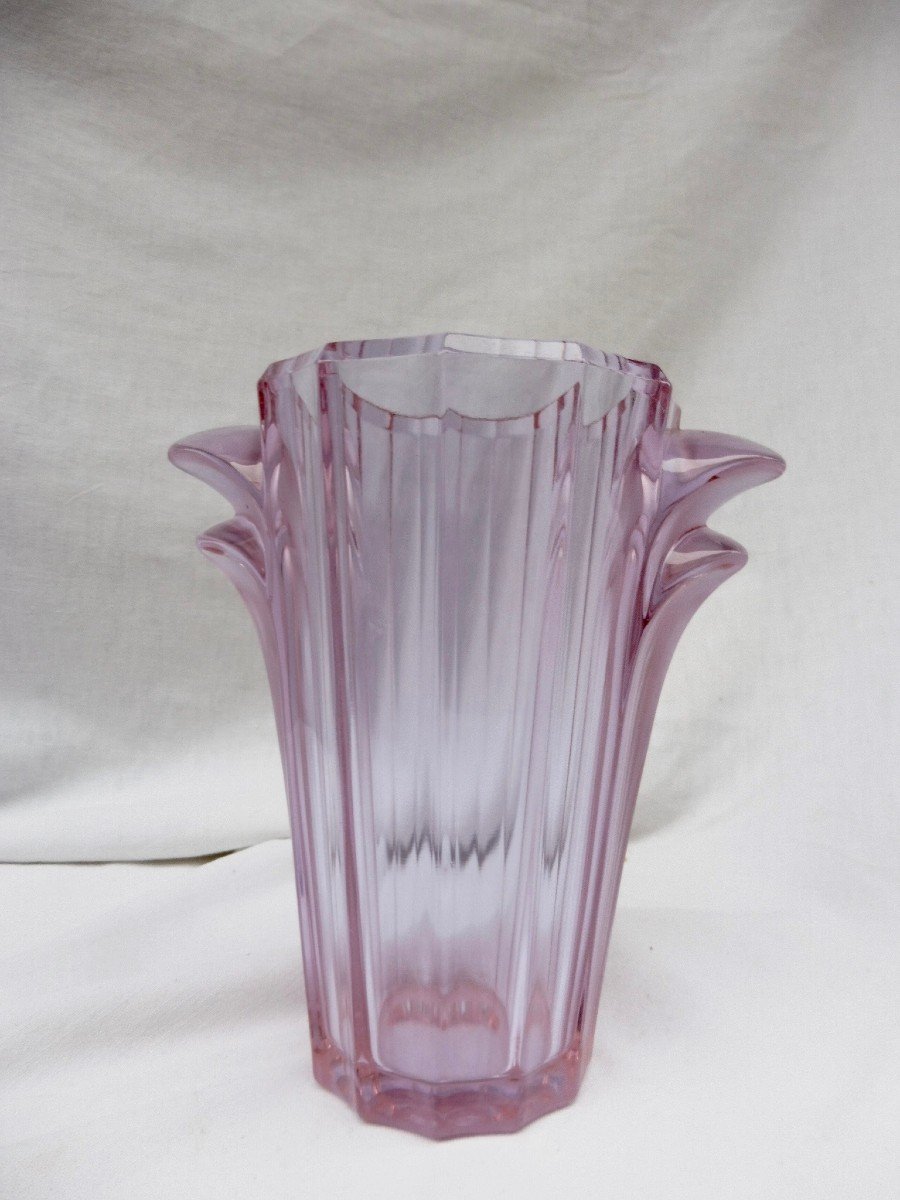 Verlys France Vase Art Déco en Verre à Côtes Plates Couleur Violacée Rose Bleu 19 Cm Vers 1930 Art Deco signé 