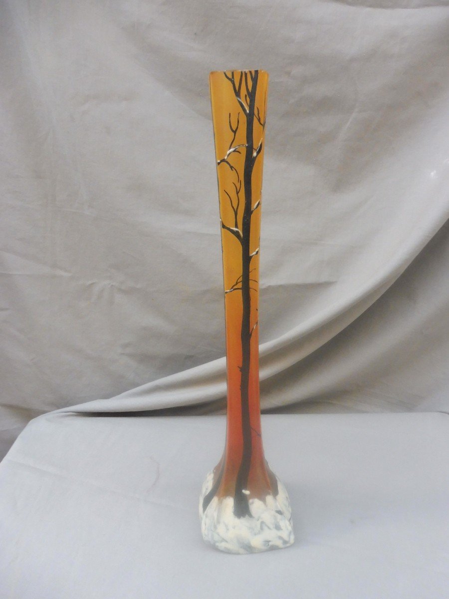 Legras Théodore (1839-1916) Verrier Vase Soliflore Art Nouveau Paysage de Neige Arbres 40 Cm Signé -photo-2