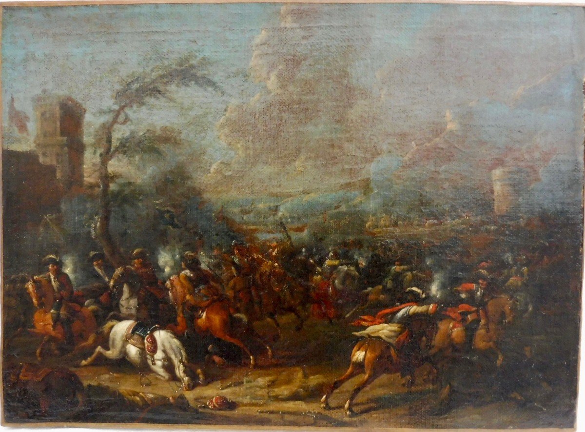 Jacques Courtois dit Le Bourguignon maitre de Joseph Parrocel (Saint-Hyppolite 1621 - Rome 1676) Choc de Cavalerie Scène de bataille  huile sur toile XVIIème  siècle 17ème Louis XIV