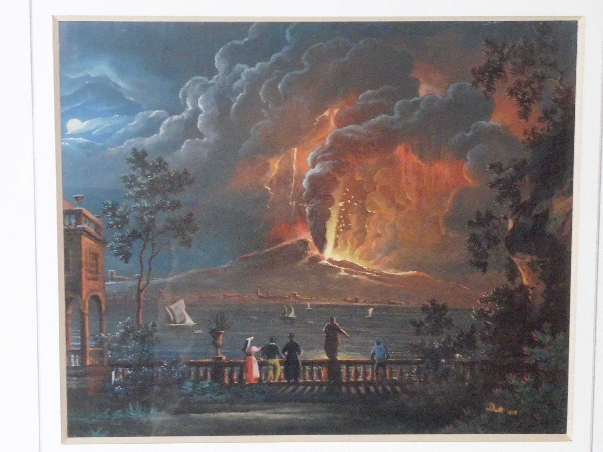 Giuseppe Diotti, (casalmaggiore 1779 - Bergamo 1846) Gouache Nocturnal Eruption Of Vesuvius Nineteenth Century -photo-1