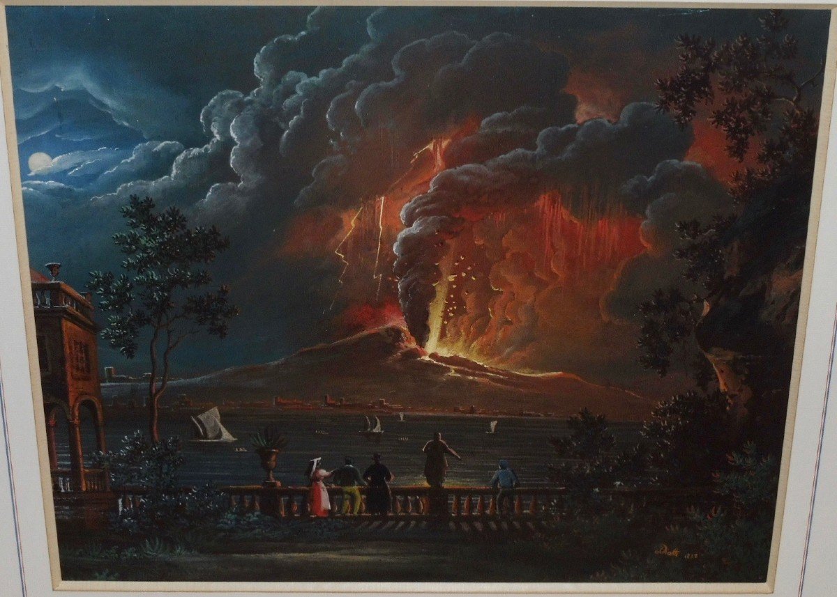 Giuseppe Diotti, (casalmaggiore 1779 - Bergamo 1846) Gouache Nocturnal Eruption Of Vesuvius Nineteenth Century 