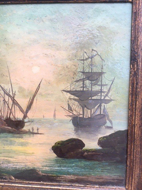 Vernet Joseph Claude (1714 - 1789). Entourage de , Huile sur Cuivre XVIII&egrave;me Marine Paysage Imaginaire Ruines navire vaisseau -photo-2