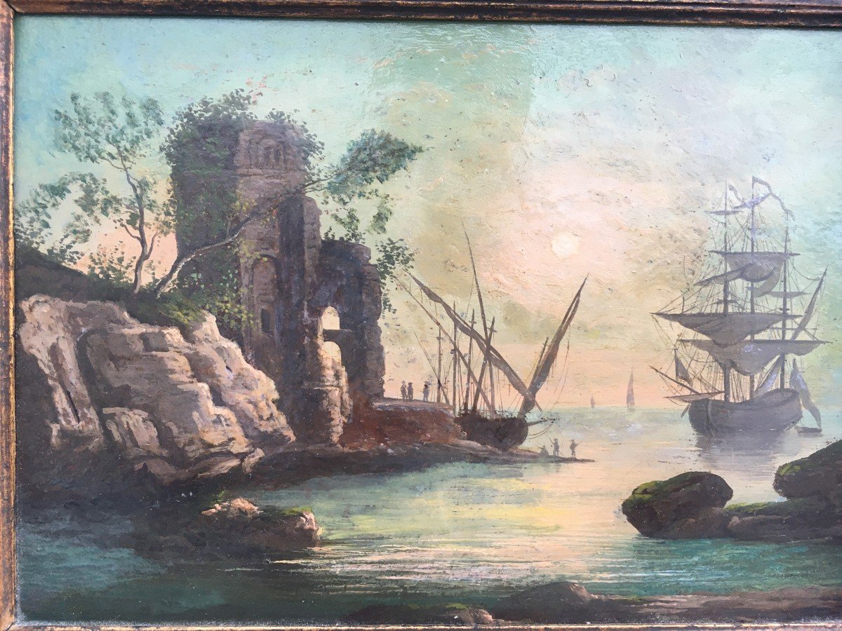 Vernet Joseph Claude (1714 - 1789). Entourage de , Huile sur Cuivre XVIII&egrave;me Marine Paysage Imaginaire Ruines navire vaisseau -photo-3
