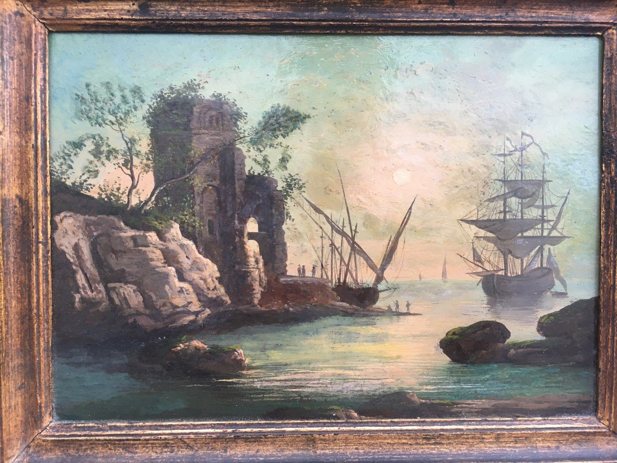 Vernet Joseph Claude (1714 - 1789). Entourage de , Huile sur Cuivre XVIII&egrave;me Marine Paysage Imaginaire Ruines navire vaisseau -photo-4
