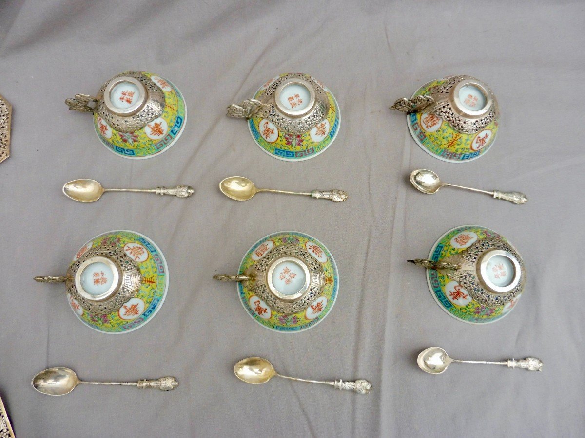 Suite Of Six Tea Cups, Saucers And Spoons In Silver And Porcelain Vietnam Vietnam-photo-2