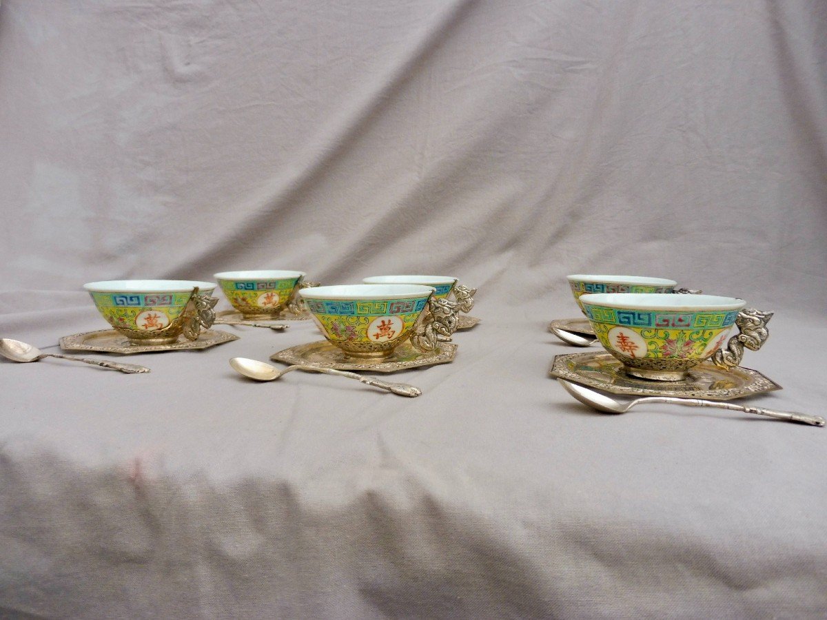 Suite Of Six Tea Cups, Saucers And Spoons In Silver And Porcelain Vietnam Vietnam-photo-3