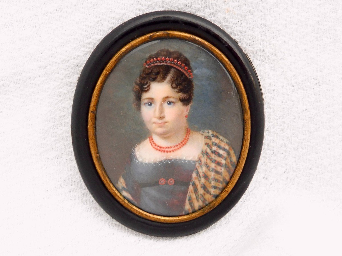 Jean-Baptiste Isabey 1767-1855 Miniature Sur Ivoire époque 1er Empire Portrait Présumé de Catherine Hubscher dite « Madame Sans-Gêne » Duchesse de Dantzig (1753-1835) épouse d’un maréchal de Napoléon , François Joseph Lefebvre 1755-1820, Duc de Dantzig.-photo-1