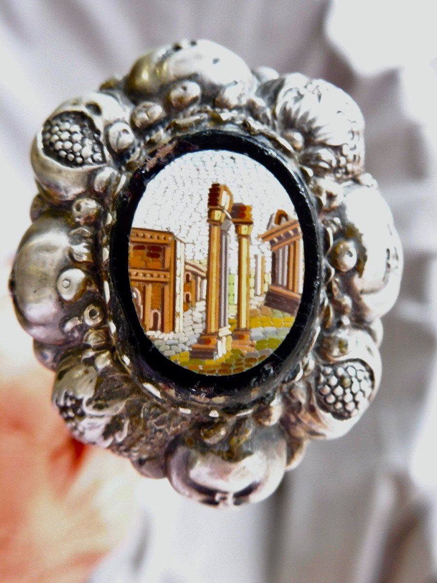 Canne Pommeau Argent Orné d'Un Médaillon en Micro Mosaïque Colonnade Ruines Romaines décor Antique Rome Souvenir du Grand Tour Italie Micromosaïque  XIXème 19ème siècle  91 cm  Canna Argento Manopola Decorata con Medaglione in Micro Mosaico Colonnato Decor-photo-2