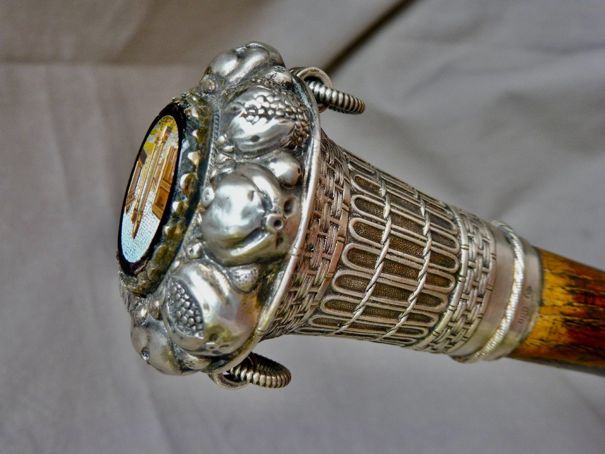 Canne Pommeau Argent Orné d'Un Médaillon en Micro Mosaïque Colonnade Ruines Romaines décor Antique Rome Souvenir du Grand Tour Italie Micromosaïque  XIXème 19ème siècle  91 cm  Canna Argento Manopola Decorata con Medaglione in Micro Mosaico Colonnato Decor-photo-4