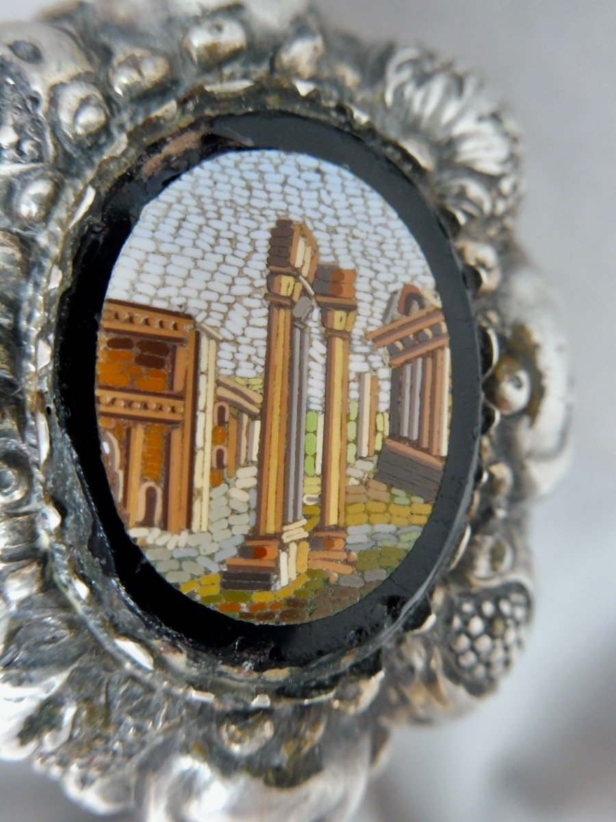 Canne Pommeau Argent Orné d'Un Médaillon en Micro Mosaïque Colonnade Ruines Romaines décor Antique Rome Souvenir du Grand Tour Italie Micromosaïque  XIXème 19ème siècle  91 cm  Canna Argento Manopola Decorata con Medaglione in Micro Mosaico Colonnato Decor-photo-4