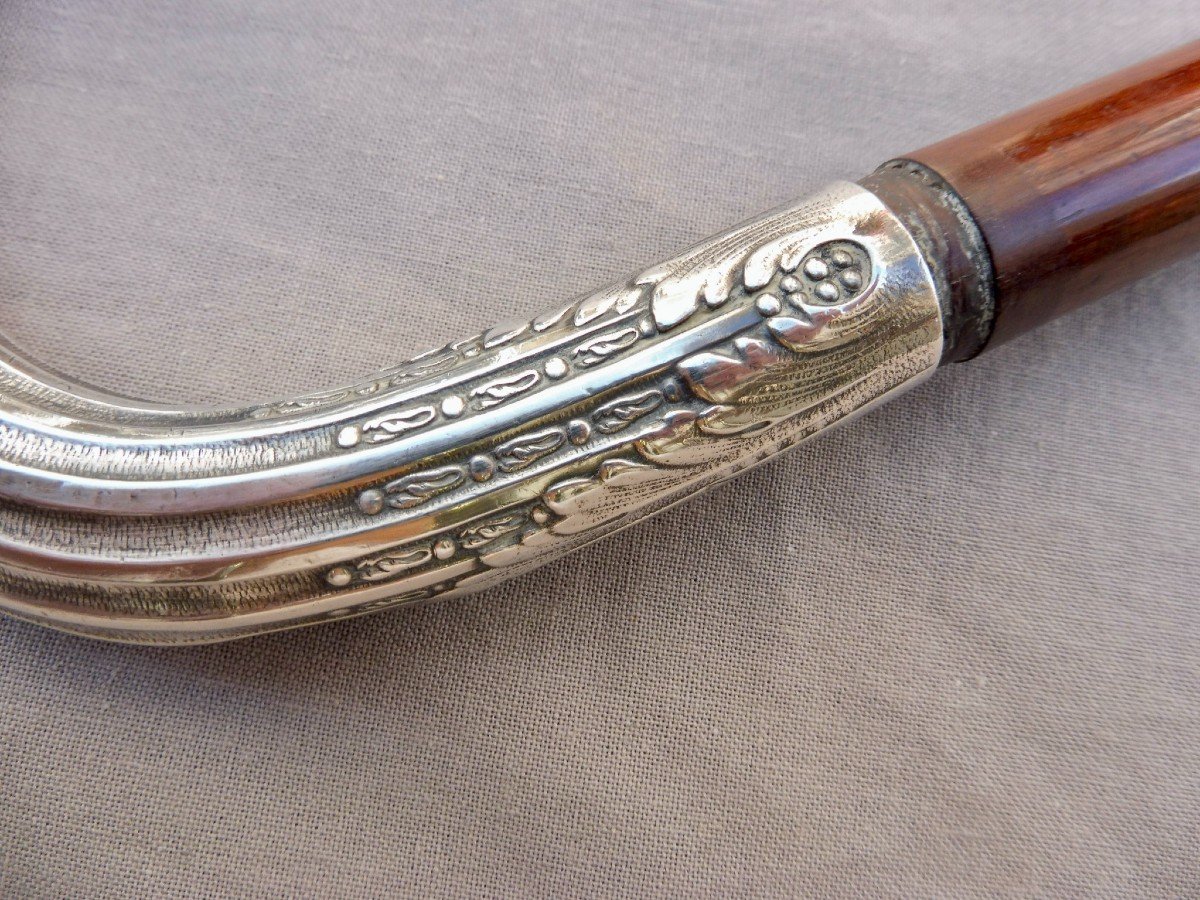 Cane Pommel Handle Silver Butt With Foliage Decor Mahogany Shaft End XIXth 19th 90.5 Cm Napoléon III-photo-3